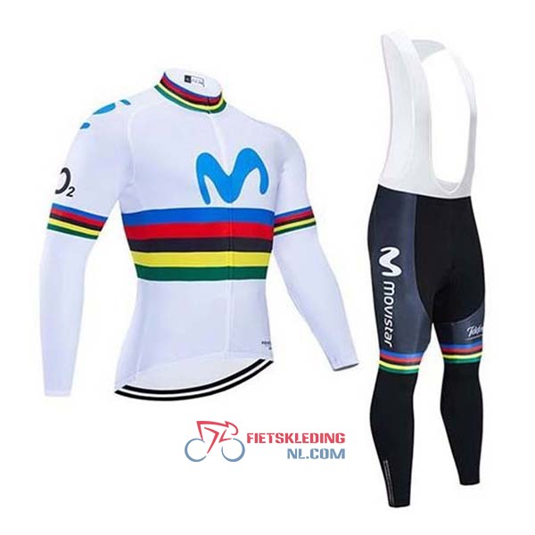 UCI Mondo Campione Movistar Fietsshirt Met Lange Mouwen 2020 en Lange Koersbroek Wit Blauw